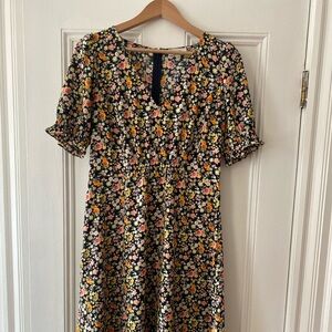 LOFT Black and Orange Puff Sleeve V-Neck Sundress